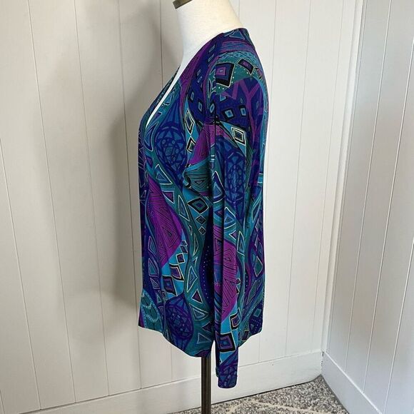 A Touch of Class Clothing Womens S/M Open Front Cardigan Blue Purple Geo Print - Picture 7 of 11